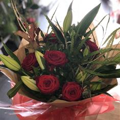 Oriental Lily and Red Rose Bouquet