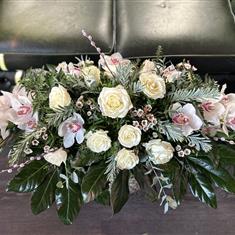 Elongated White Orchid &amp; Rose Coffin Spray